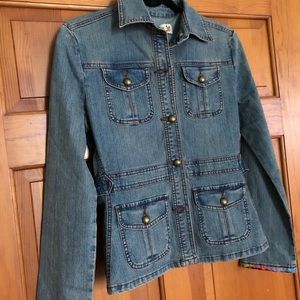 Denim fitted jacket with colorful sleeves